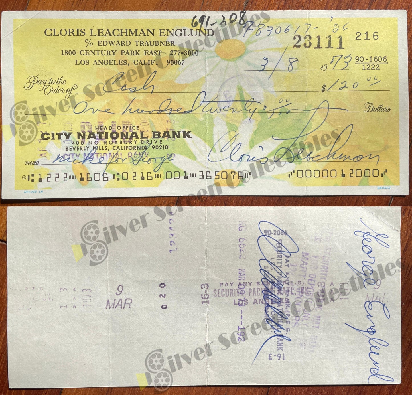 Cloris Leachman - Original Signed Bank Check