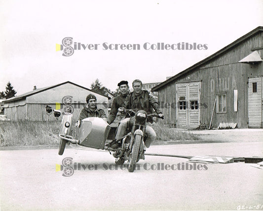 The Great Escape (1963) / Steve McQueen on a motorcycle with James Coburn - Vintage B&W Movie Still/Photo (8" x 10")