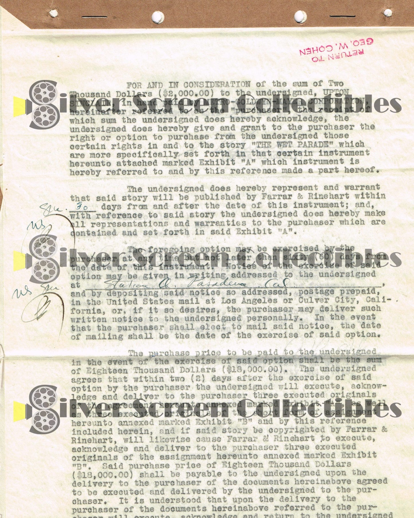 Upton Sinclair - Signed Contract