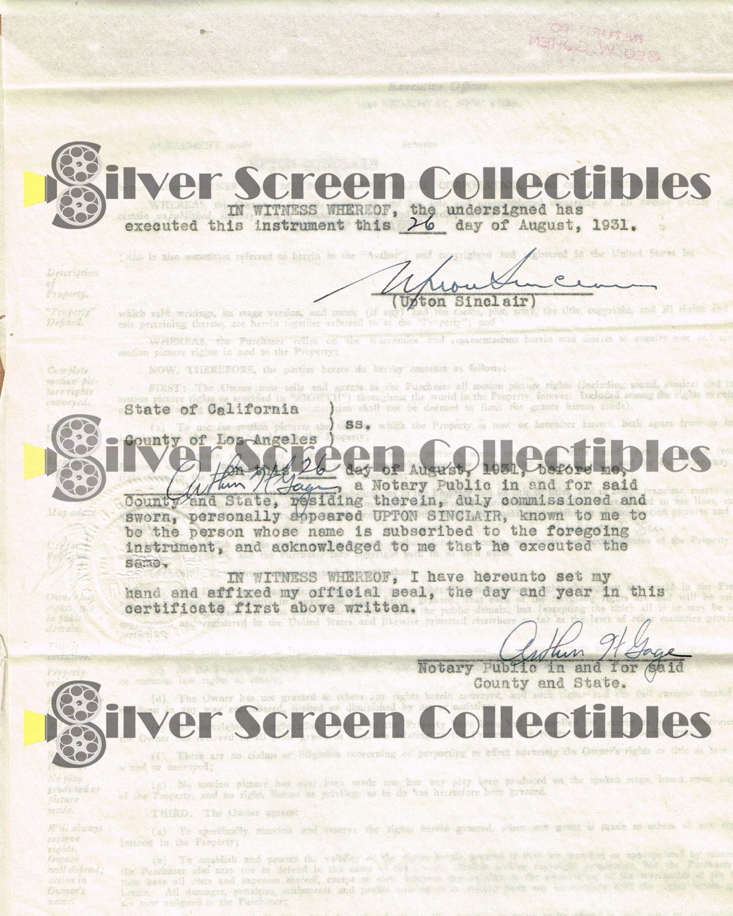 Upton Sinclair - Signed Contract